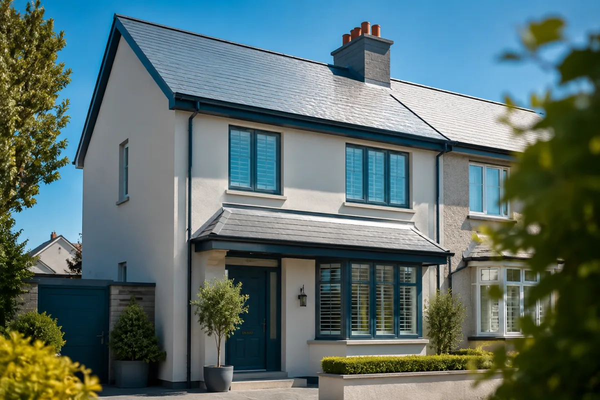 Modern British house with a heat-reflective roof and façade coating on a bright summer day